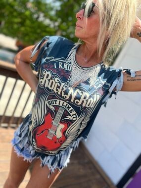 Rock N Roll Upcycled Graphic Fringe Tee with Red Guitar